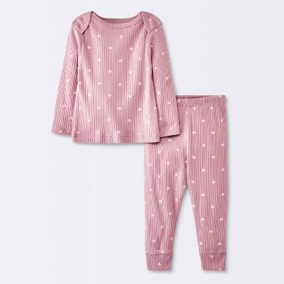 Image of Baby Girls' 2pc Wide Ribbed Heart Top & Bottom Set - Cloud Island™ Pink Newborn