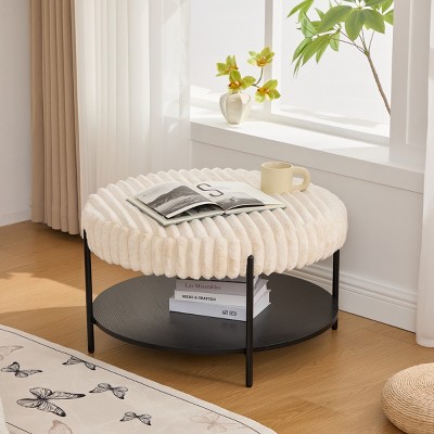 30.9" Round Faux Fur Ottoman Coffee Table with Metal Legs and Open Storage Shelf for Living Room or Bedroom-The Pop Home