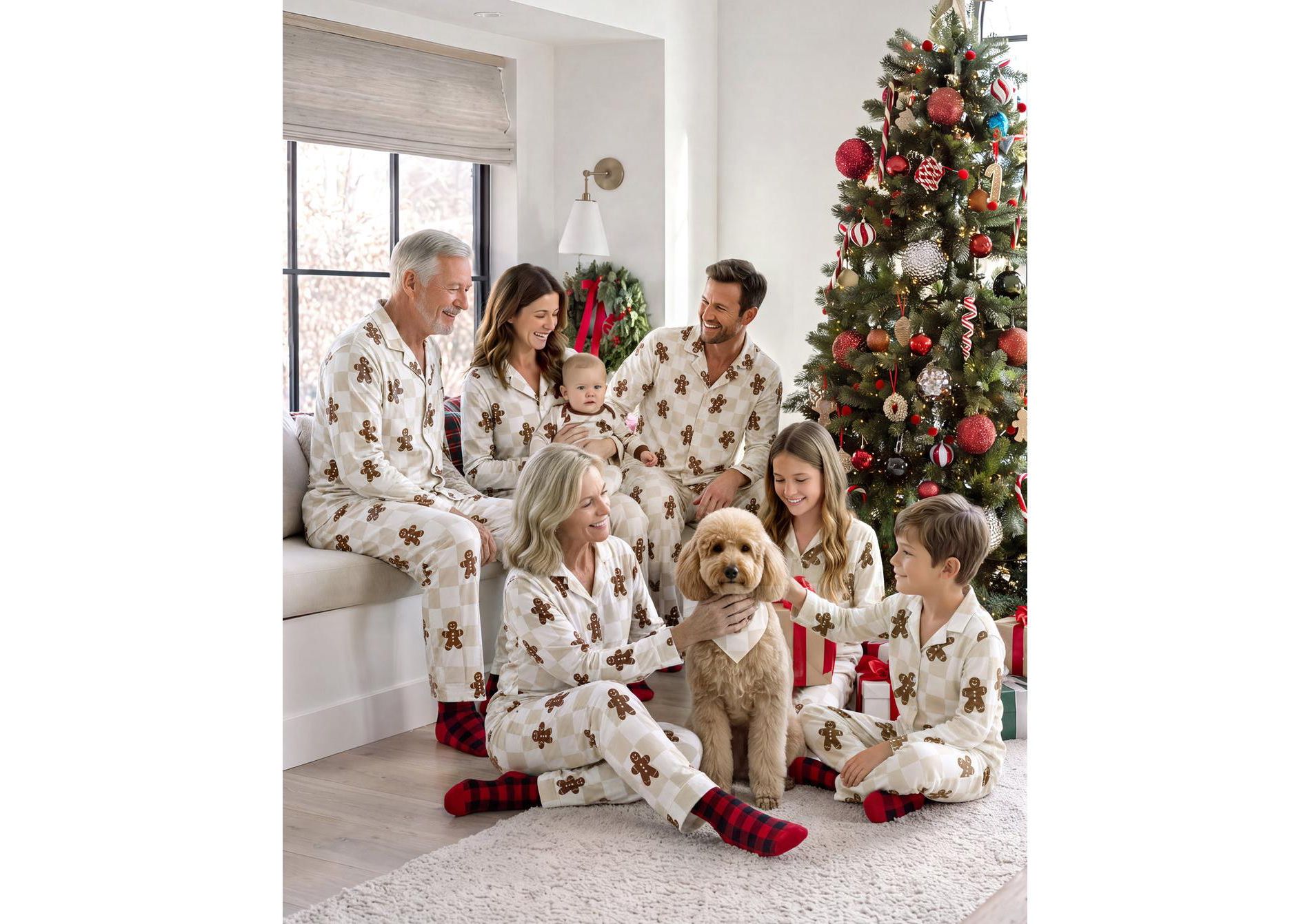PatPat Family Matching Christmas Gingerbread Pajama Set – Long-Sleeve Button-Down Top and Pants, Beige