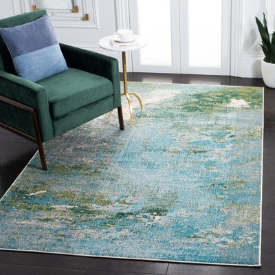 Light Blue and Green Abstract Distressed 6' x 9' Rug