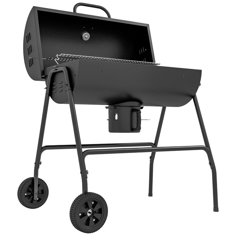 Outsunny Barrel Charcoal BBQ Grill with 420 sq.in. Cooking Area, Wheeled Outdoor Barbecue, Black, 4 of 7
