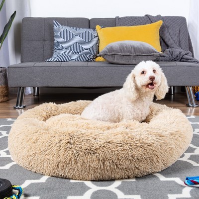 X-Large Beige Faux Fur Donut Calming Pet Bed