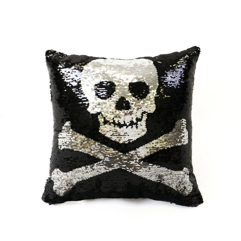 18&#34;x18&#34; Skull and Crossbones Halloween Square Throw Pillow Gold/Silver/Black - Lush D&#233;cor, 1 of 9