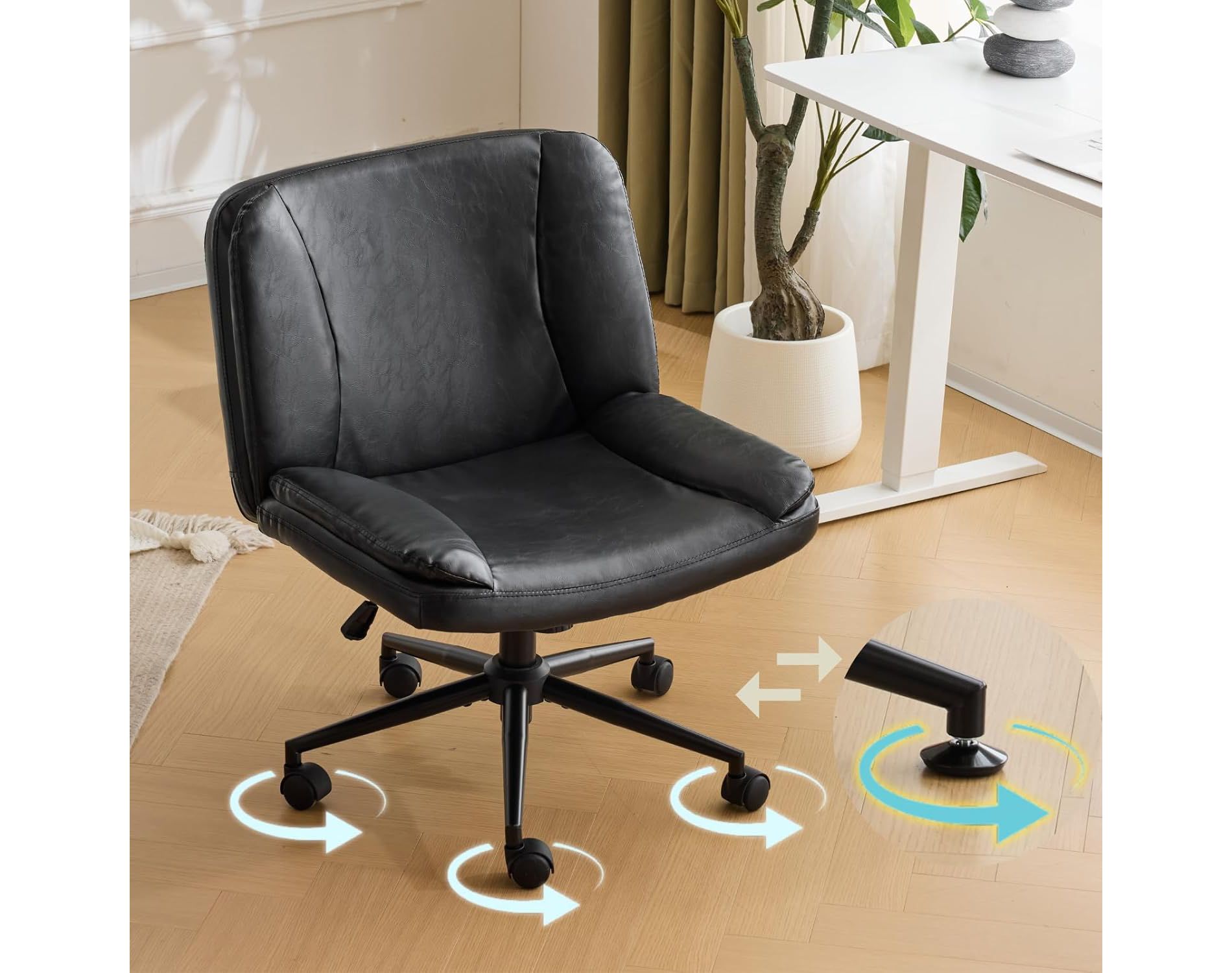 VINGLI Criss Cross Thick Padded Armless Comfy Desk Chair with Dual-Purpose Base,Adjustable Swivel Modern Vanity Chair,Rolling,Waxed PU,Black