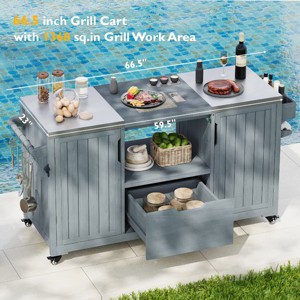 Outdoor Kitchen Island, Solid Wood Outdoor Grill Cart, Grill with Wood Frame and Stainless Steel Top, Grill with Wheels-Coolbibila - 1 of 4