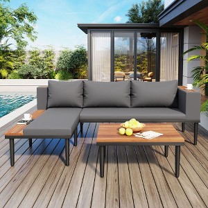 Luxury Patio Furniture Set with Removable Cushions and Coffee Table, L-Shaped  Acacia Wood Sofa with Side table, Outdoor Conversation Sectional Sofa - 1 of 4