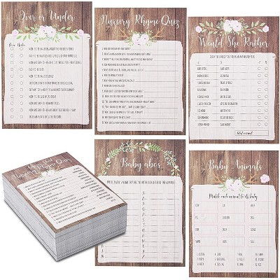 Blue Panda Baby Shower Game Card Packs - 5-Set Assorted Woodland Floral Theme Party Activity Supplies, 50 Sheets Per Game, Total 250 Sheets