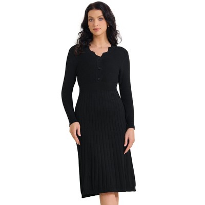INSPIRE CHIC Women's Ribbed Knit Long Sleeve V Neck Lightweight Sweater Elegant Pleated Dress