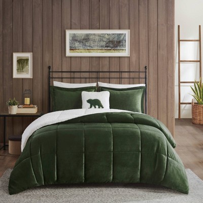 Queen Green/Ivory Microfiber Reversible Comforter Set with Sherpa