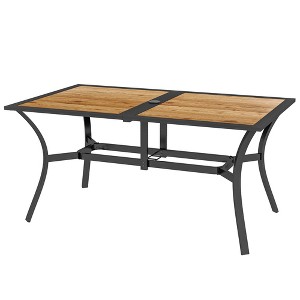 Rectangular Patio Table with Umbrella Hole, Faux Wood Rectangle Outdoor Dining Table for 6 People for Garden - 1 of 4
