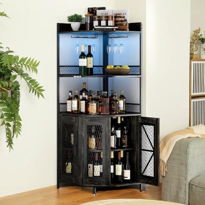 Industrial Corner Bar Cabinet, 5-Tiers Wine Cabinet with LED Strip and Glass Holder, Multifunctional Liquor Cabinet for Home Bar