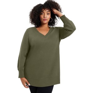 June + Vie by Roaman's Women's Plus Size V-Neck French Terry Sweatshirt - 1 of 4