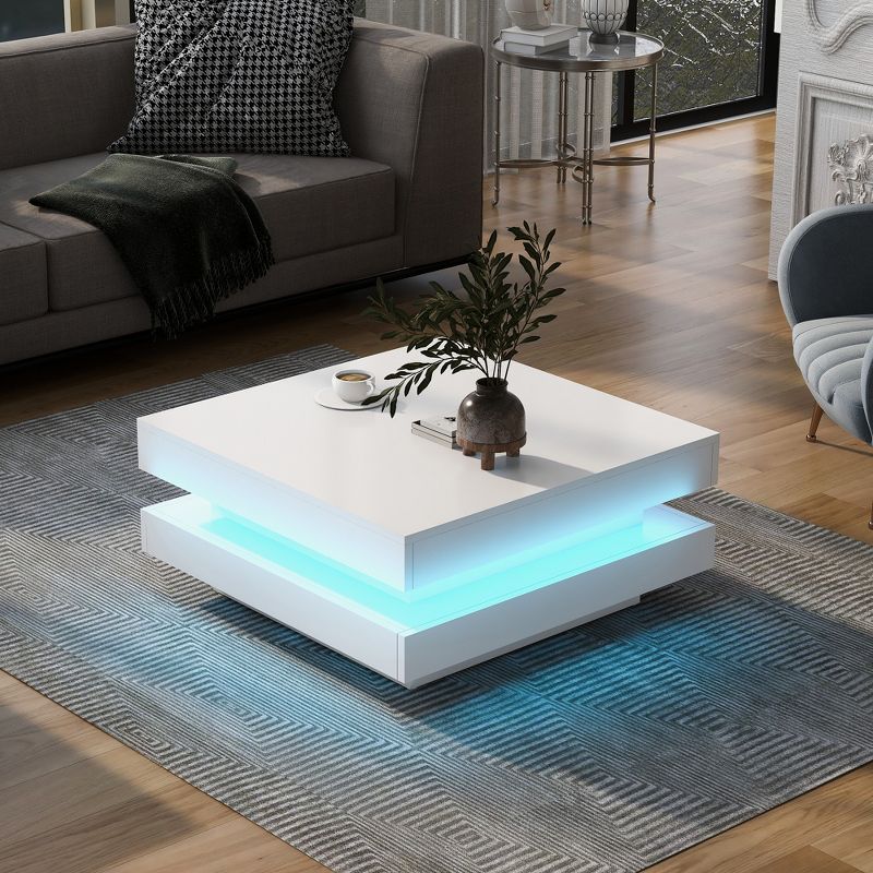 2-Tier Square Coffee Table with LED Lights, High Gloss Minimalist Design Center Table 4A - ModernLuxe, 2 of 11