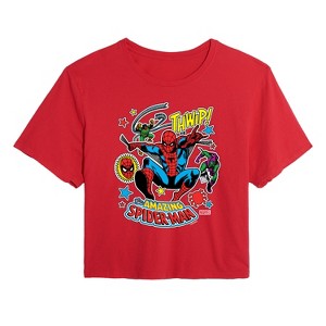 Women's - Marvel - Spider-man Stickers Style Cropped Graphic T-Shirt - 1 of 4