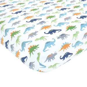 Hudson Baby Infant Boy Cotton Fitted Crib Sheet, Dinosaurs, One Size - 1 of 2