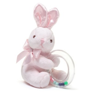 Bearington Baby Cottontail Plush Stuffed Animal Pink Bunny Shaker Toy Ring Rattle, 5.5" - 1 of 4