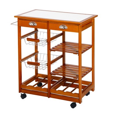 HOMCOM Wooden Rolling Kitchen Cart Tile Counter Top Utility Trolley with Towel Rack 2 Drawers 2 Shelves Wire Baskets & Wine Rack Natural