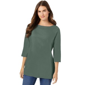 Woman Within Plus Size Perfect Three-Quarter Sleeve Boatneck Tee - 1 of 4