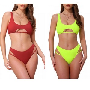 INSPIRE CHIC Women's Ribbed Scoop Neck Top Triangle Bottom Swimwear Bikini Suits 2 Sets - 1 of 4