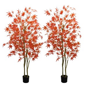 2Pack Autumn Maple Artificial Fall Tree,Faux Red Maple Leaves Silk Maple Tree  with Planter for Thanksgiving Harvest Fall Festival Party Home Decor - 1 of 4