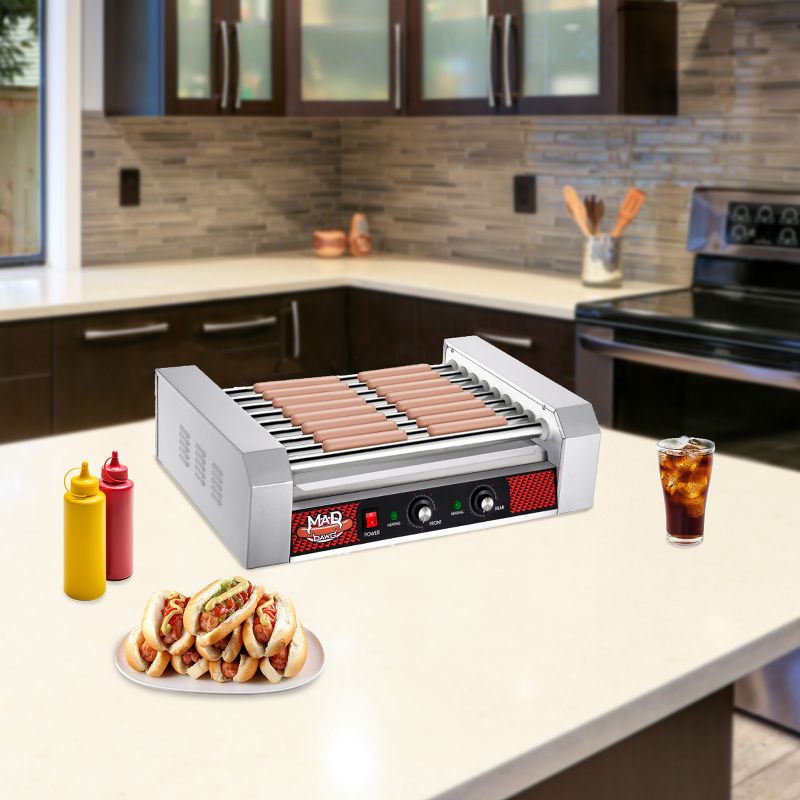 Great Northern Popcorn 9 Roller Hot Dog Machine Electric Countertop Cooker with Drip Tray & Dual Zones, 4 of 9
