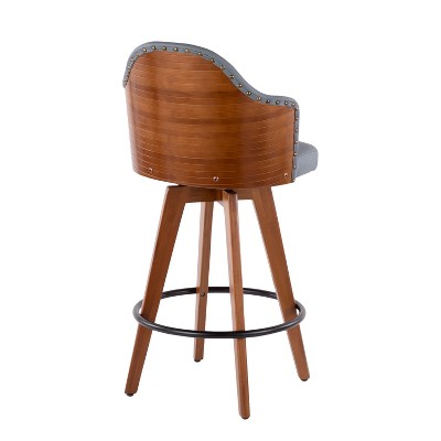 Modern Grey Swivel Counter Stool with Walnut Wood Frame