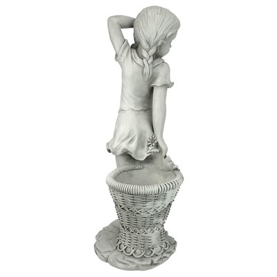 Off-White Resin Flower Girl Garden Statue with Wicker Planter