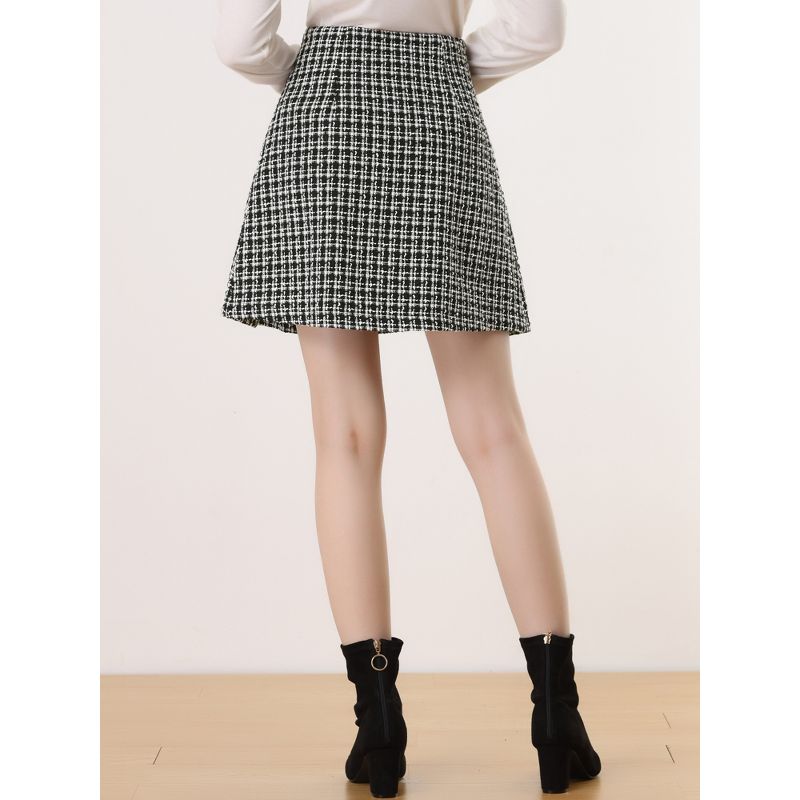Allegra K Women's Plaid Tweed Elegant High Waist A-Line Button Front Mini Skirt, 3 of 7