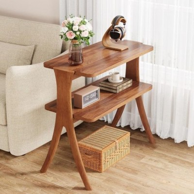 Syemin End Tables Narrow Walnut Side Table, 2-Tier Small Farmhouse End Table, Slim Accent Table with Storage Shelf, Brown, 25.2"*11.81"*26.38"