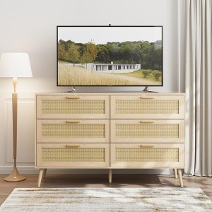 SKRAN Rattan 6 Drawers Chest of Dressers, Natural Oak Double Dresser Organizer ,Wide Chest of Drawers with wood Handles for Living Room, Bedroom - 1 of 4
