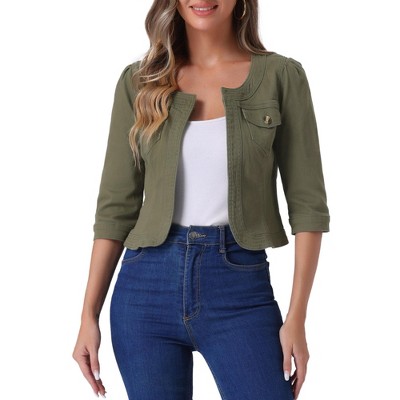 INSPIRE CHIC Women's Collarless Pockets 3/4 Sleeve Denim Jackets
