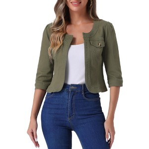 INSPIRE CHIC Women's Collarless Pockets 3/4 Sleeve Denim Jackets - 1 of 4