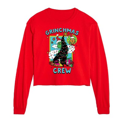Dr. Seuss The Grinch Christmas Grinchmas Crew Cropped Long Sleeve T-Shirt - Red - 2 X-Large