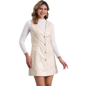 INSPIRE CHIC Women's Faux Leather Pinafore Button Down V Neck Sleeveless Mini Overall Dresses - 1 of 4