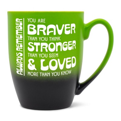 Elanze Designs Inspirational Quote Coffee Cup Mug 12 Ounce Ceramic With Ombre Gradient Braver Than You Think Green and Black