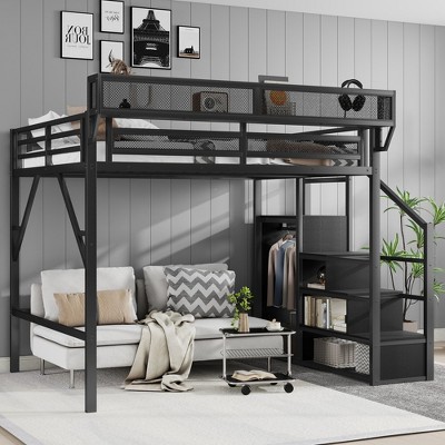 EMPIRE DIGLABS Stairway Full Size Loft Bed with Storage Shelves & Wardrobe & Safety Guardrails Design, No Box Spring Needed