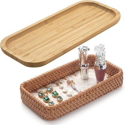 Attop Rattan Jewelry Tray Set with Bamboo Vanity Tray 14.2x6inch Natural Organizer for Cosmetics Decor & Gift