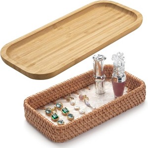 Attop Rattan Jewelry Tray Set with Bamboo Vanity Tray 14.2x6inch Natural Organizer for Cosmetics Decor & Gift - 1 of 4