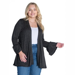 Womens Plus Size Knit Three Quarter Bell Sleeve Open Cardigan - 1 of 4