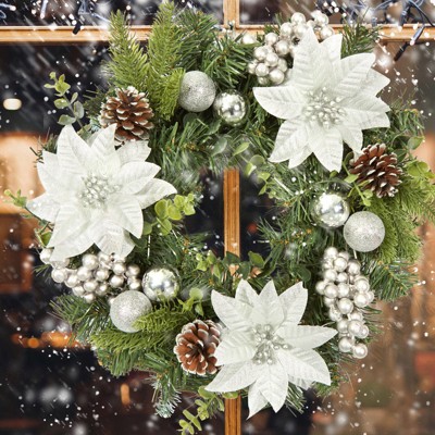 16 Inch Artificial Wreath with Flower Berries and Pine Cones Ornaments for Door Wall Window Fireplace Decoration