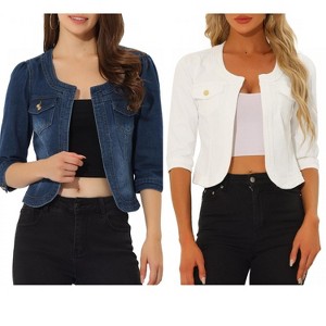 INSPIRE CHIC Women's Collarless Pockets 3/4 Sleeve Crop Denim Jackets 2 Pieces - 1 of 4