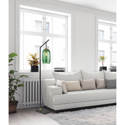 Edison Black and Brass Floor Lamp with Green Glass Shade
