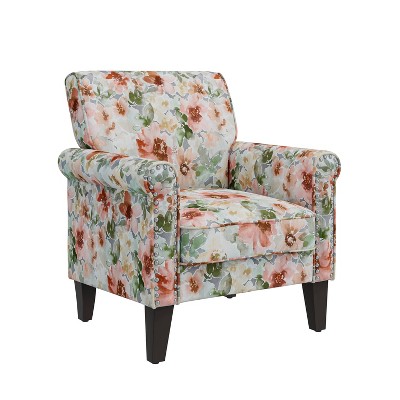 Orange and Green Floral Rolled Arm Accent Chair