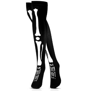 Skeleteen Women's Skeleton Bone Thigh High Socks Halloween Costume Accessory - Black - 1 of 4