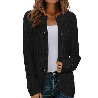 INSPIRE CHIC Women's Button Down Long Sleeve Crew Neck with Pockets Casual Sweater Cardigan