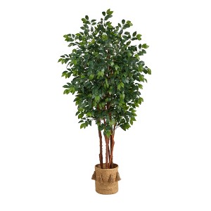 Nearly Natural 7-ft Sakaki Artificial Tree in Handmade Natural Jute Planter with Tassels - 1 of 4