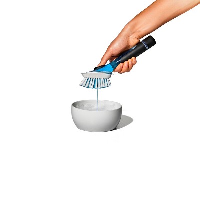 OXO Soap Dispensing Dish Brush Storage Set: Nylon Scrub Brush for Multi-Surface Cleaning, Black
