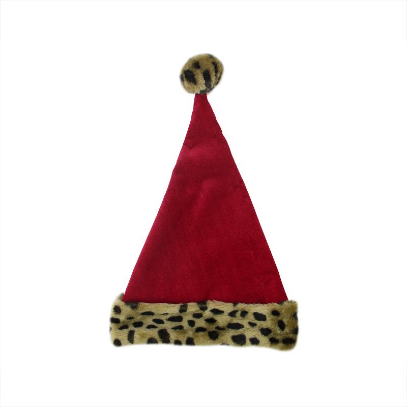 Northlight Unisex Adult Christmas Santa Hat with Leopard Cuff - One Size - Red and Brown, 1 of 2