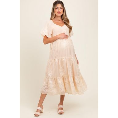 Pinkblush Beige Floral Embroidered Chiffon Maternity Midi Dress XL : Target