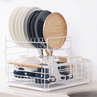LunaLulinlk 2 Tier Dish Rack - Drying Kitchen Board with Drip Tray & Cutlery Holder - Sink Drainer Rack - White
